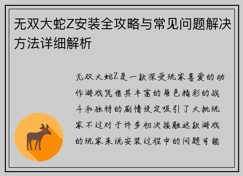 无双大蛇Z安装全攻略与常见问题解决方法详细解析 无双大蛇Z安装全攻略与常见问题解决方法详细解析